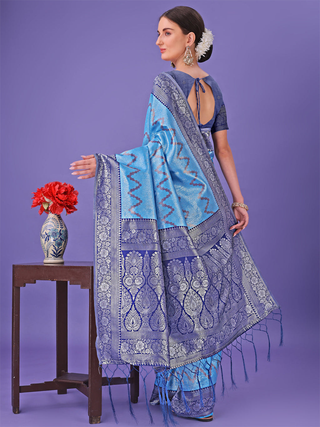 Shree Shyam Fashion Blue & Navy Blue Lichi Silk Saree with Rich Woven Border and Zigzag Pattern - Wedding & Festive Wear