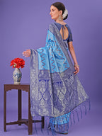 Shree Shyam Fashion Blue & Navy Blue Lichi Silk Saree with Rich Woven Border and Zigzag Pattern - Wedding & Festive Wear