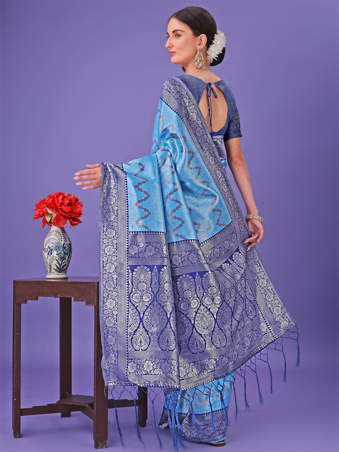 Shree Shyam Fashion Blue & Navy Blue Lichi Silk Saree with Rich Woven Border and Zigzag Pattern - Wedding & Festive Wear