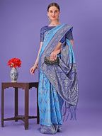 Shree Shyam Fashion Blue & Navy Blue Lichi Silk Saree with Rich Woven Border and Zigzag Pattern - Wedding & Festive Wear