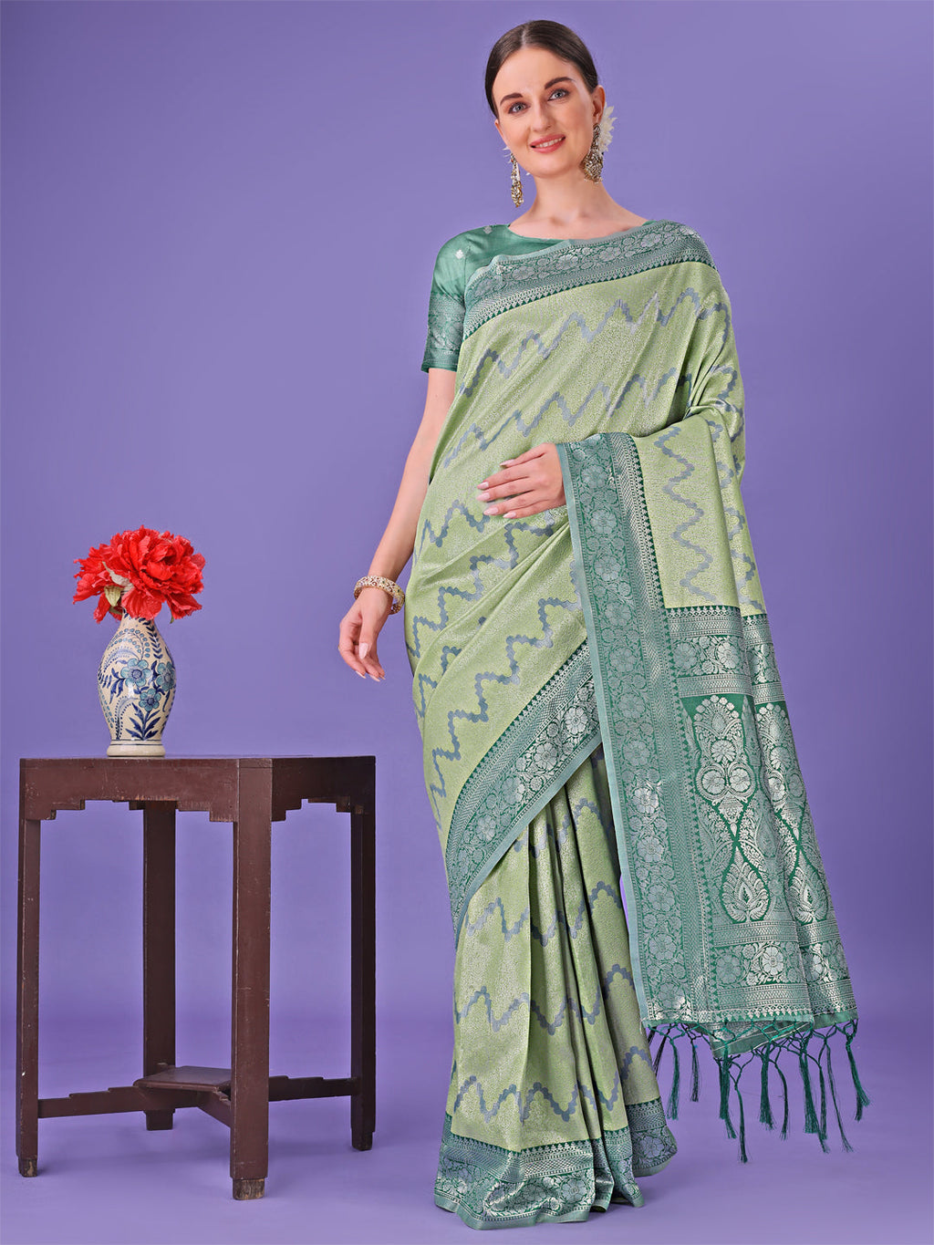 Shree Shyam Fashion Light Green & Green Lichi Silk Saree with Rich Woven Border and Zigzag Pattern - Wedding & Festive Wear