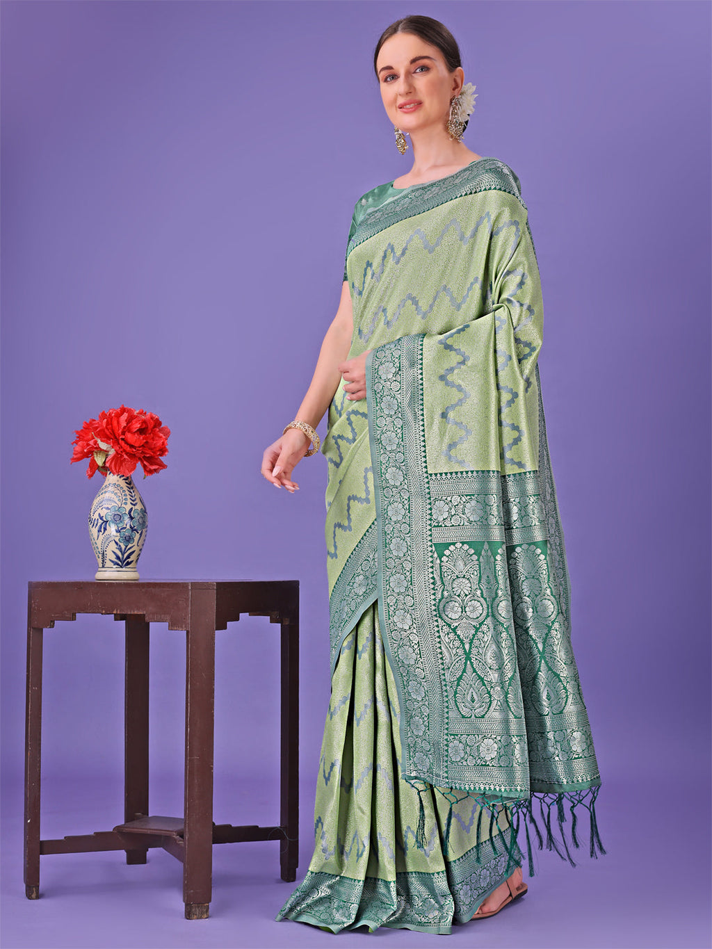 Shree Shyam Fashion Light Green & Green Lichi Silk Saree with Rich Woven Border and Zigzag Pattern - Wedding & Festive Wear