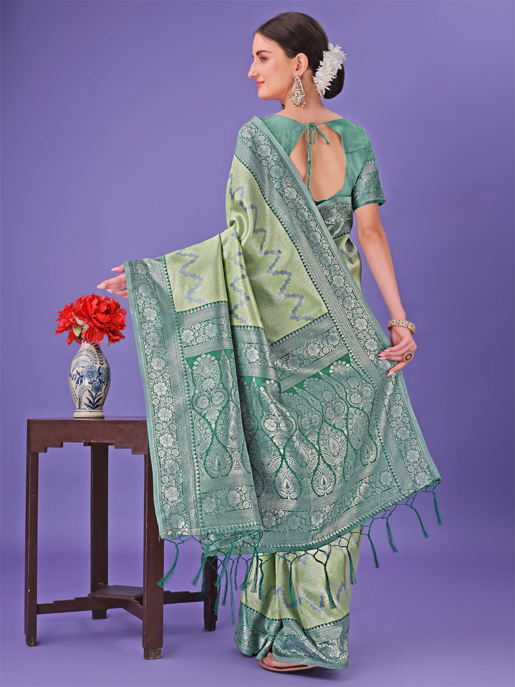 Shree Shyam Fashion Light Green & Green Lichi Silk Saree with Rich Woven Border and Zigzag Pattern - Wedding & Festive Wear