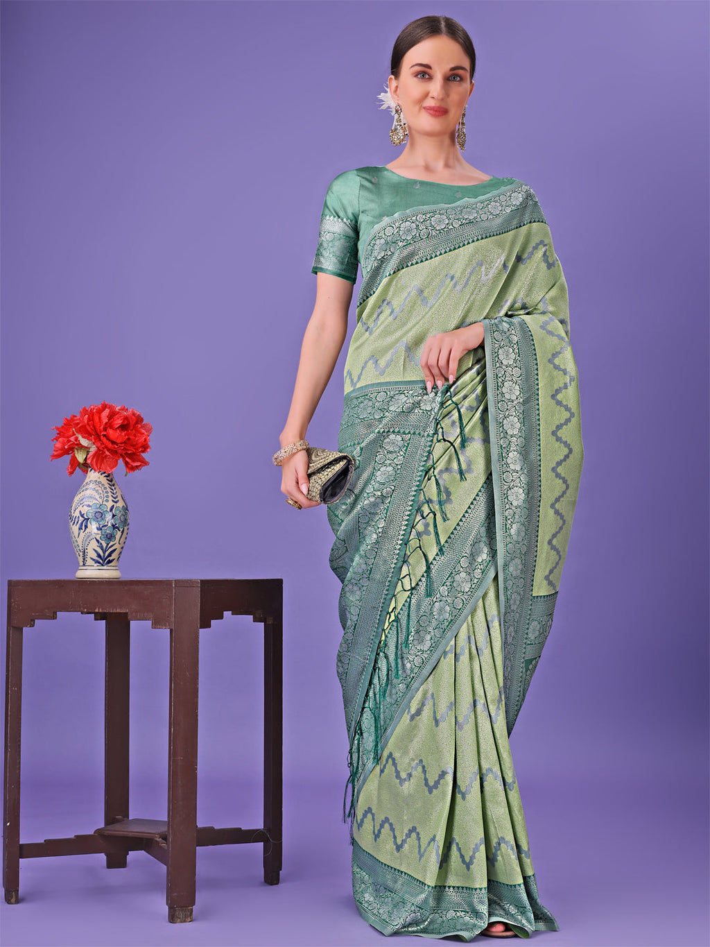Shree Shyam Fashion Light Green & Green Lichi Silk Saree with Rich Woven Border and Zigzag Pattern - Wedding & Festive Wear