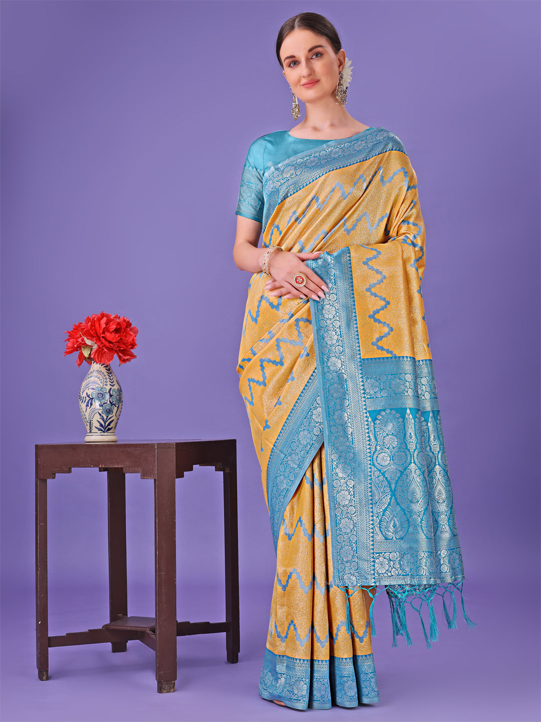 Shree Shyam Fashion Yellow & Sky Blue Lichi Silk Saree with Rich Woven Border and Zigzag Pattern - Wedding & Festive Wear