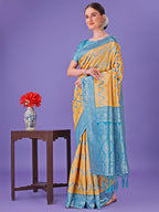 Shree Shyam Fashion Yellow & Sky Blue Lichi Silk Saree with Rich Woven Border and Zigzag Pattern - Wedding & Festive Wear