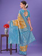 Shree Shyam Fashion Yellow & Sky Blue Lichi Silk Saree with Rich Woven Border and Zigzag Pattern - Wedding & Festive Wear