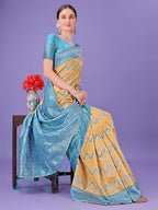 Shree Shyam Fashion Yellow & Sky Blue Lichi Silk Saree with Rich Woven Border and Zigzag Pattern - Wedding & Festive Wear