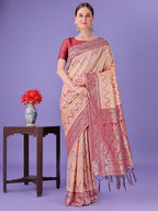 Shree Shyam Fashion Peach & Red Lichi Silk Saree with Rich Woven Border and Zigzag Pattern - Wedding & Festive Wear