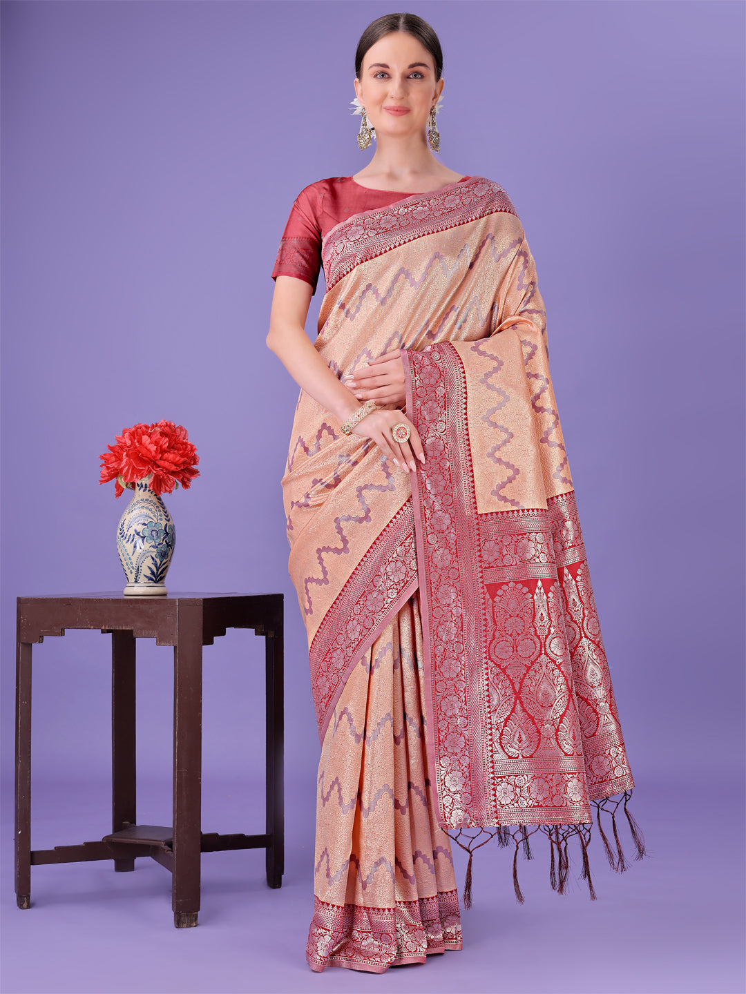 Shree Shyam Fashion Peach & Red Lichi Silk Saree with Rich Woven Border and Zigzag Pattern - Wedding & Festive Wear