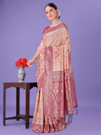 Shree Shyam Fashion Peach & Red Lichi Silk Saree with Rich Woven Border and Zigzag Pattern - Wedding & Festive Wear