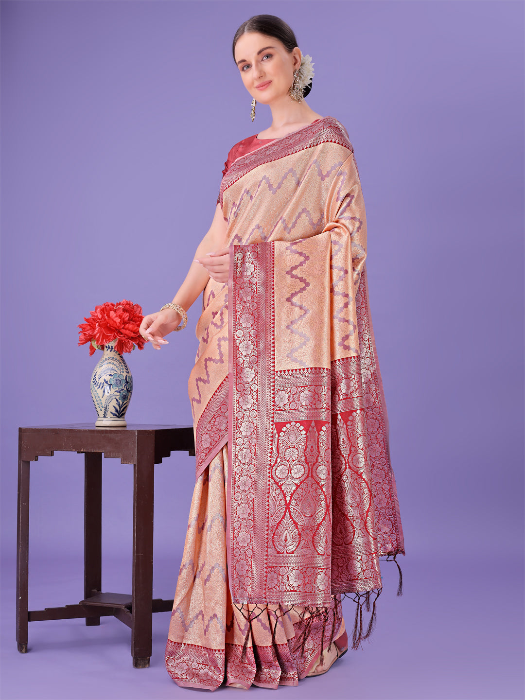 Shree Shyam Fashion Peach & Red Lichi Silk Saree with Rich Woven Border and Zigzag Pattern - Wedding & Festive Wear