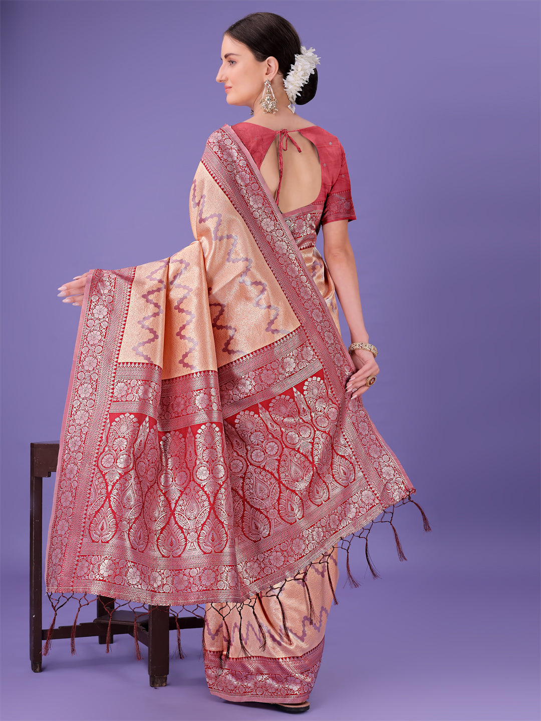 Shree Shyam Fashion Peach & Red Lichi Silk Saree with Rich Woven Border and Zigzag Pattern - Wedding & Festive Wear