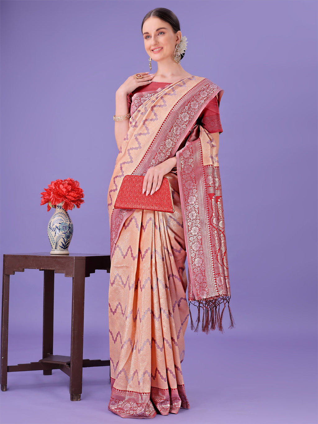 Shree Shyam Fashion Peach & Red Lichi Silk Saree with Rich Woven Border and Zigzag Pattern - Wedding & Festive Wear