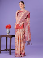 Shree Shyam Fashion Peach & Red Lichi Silk Saree with Rich Woven Border and Zigzag Pattern - Wedding & Festive Wear