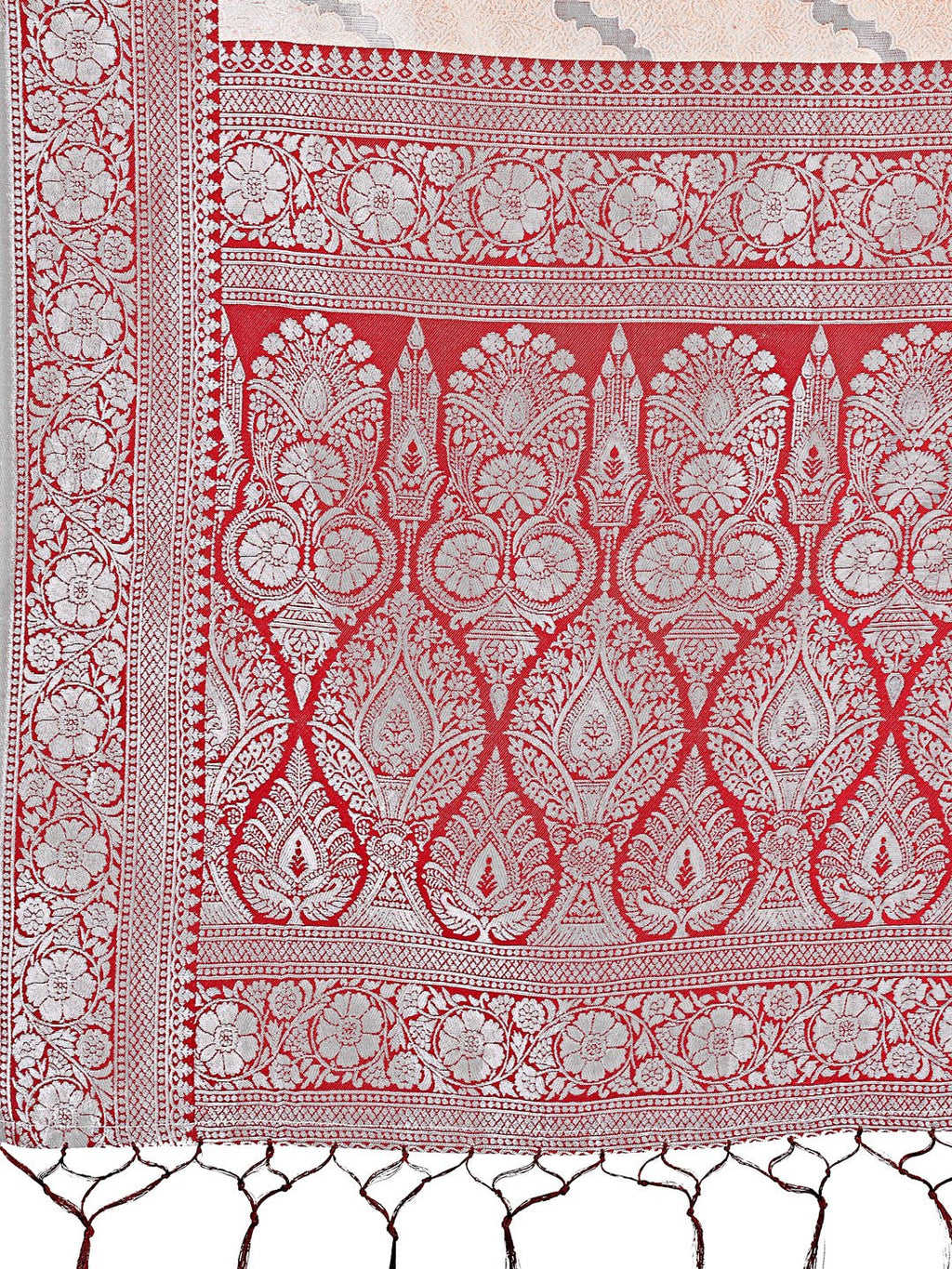 Shree Shyam Fashion Peach & Red Lichi Silk Saree with Rich Woven Border and Zigzag Pattern - Wedding & Festive Wear