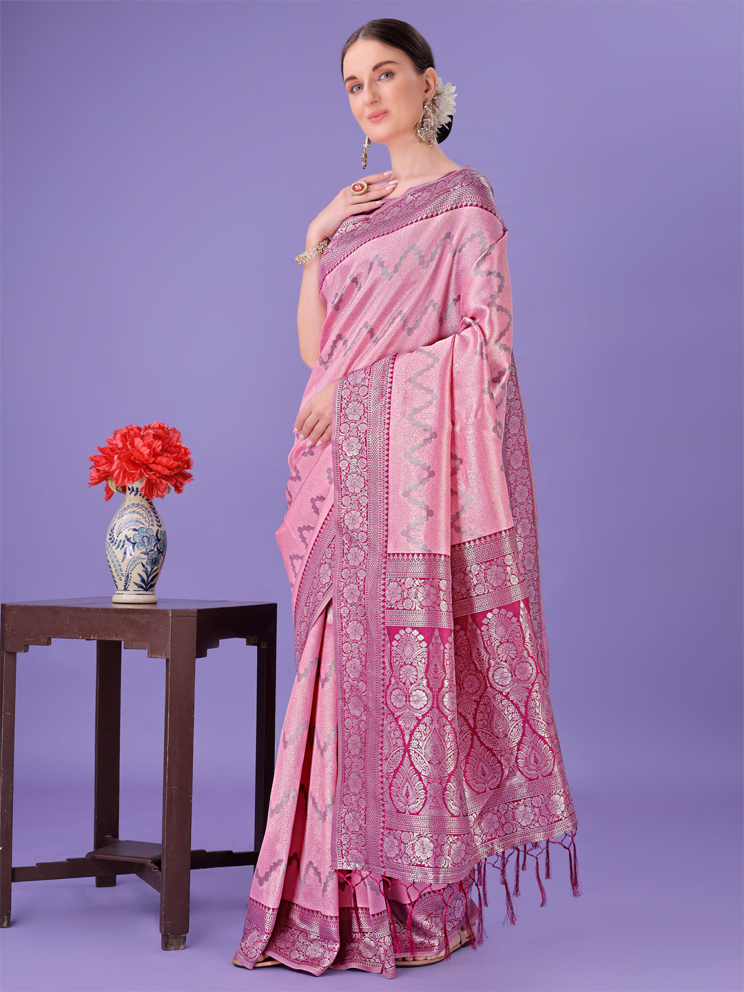 Shree Shyam Fashion Light Pink & Magenta Lichi Silk Saree with Rich Woven Border and Zigzag Pattern - Wedding & Festive Wear