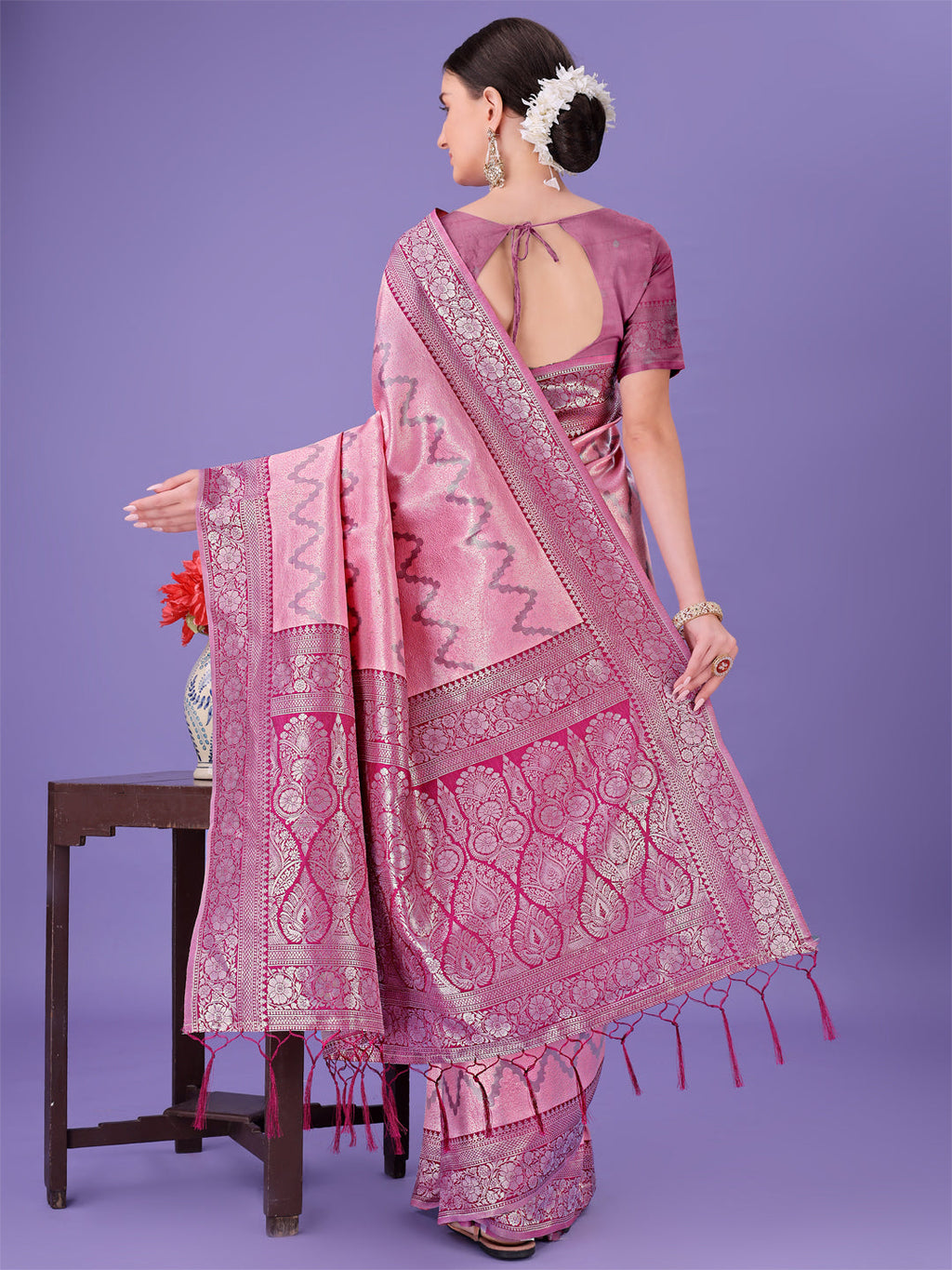 Shree Shyam Fashion Light Pink & Magenta Lichi Silk Saree with Rich Woven Border and Zigzag Pattern - Wedding & Festive Wear