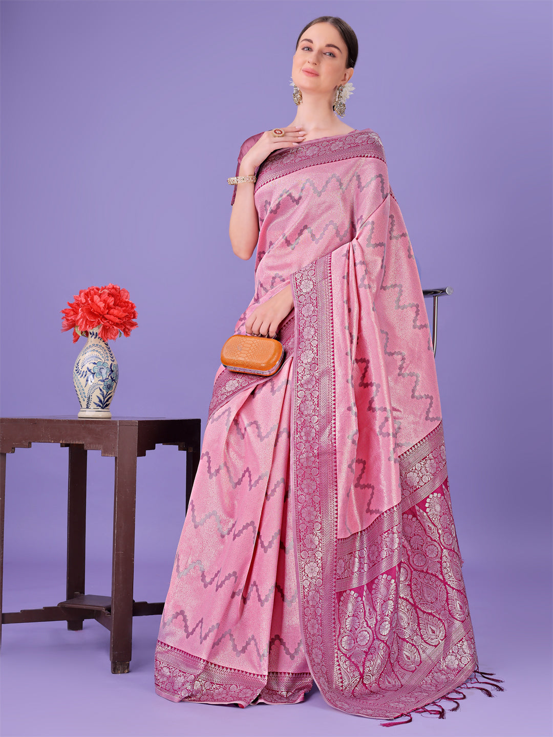 Shree Shyam Fashion Light Pink & Magenta Lichi Silk Saree with Rich Woven Border and Zigzag Pattern - Wedding & Festive Wear