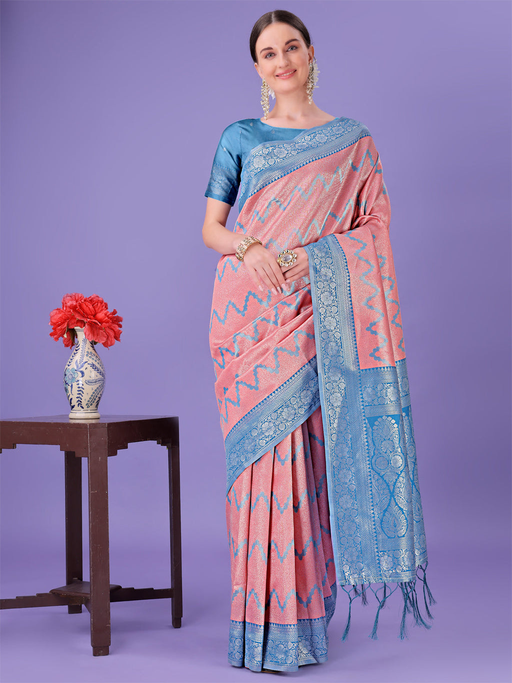 Shree Shyam Fashion Peach & Blue Lichi Silk Saree with Rich Woven Border and Zigzag Pattern - Wedding & Festive Wear