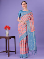 Shree Shyam Fashion Peach & Blue Lichi Silk Saree with Rich Woven Border and Zigzag Pattern - Wedding & Festive Wear