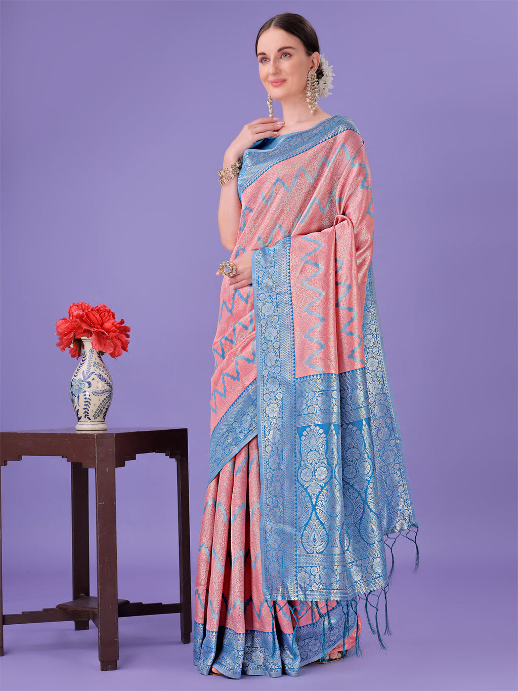 Shree Shyam Fashion Peach & Blue Lichi Silk Saree with Rich Woven Border and Zigzag Pattern - Wedding & Festive Wear