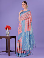 Shree Shyam Fashion Peach & Blue Lichi Silk Saree with Rich Woven Border and Zigzag Pattern - Wedding & Festive Wear