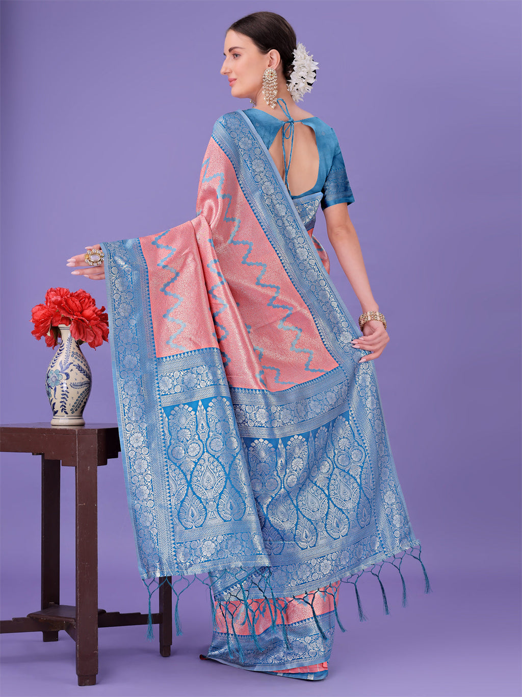 Shree Shyam Fashion Peach & Blue Lichi Silk Saree with Rich Woven Border and Zigzag Pattern - Wedding & Festive Wear