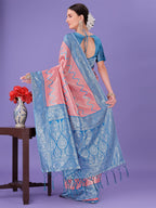 Shree Shyam Fashion Peach & Blue Lichi Silk Saree with Rich Woven Border and Zigzag Pattern - Wedding & Festive Wear