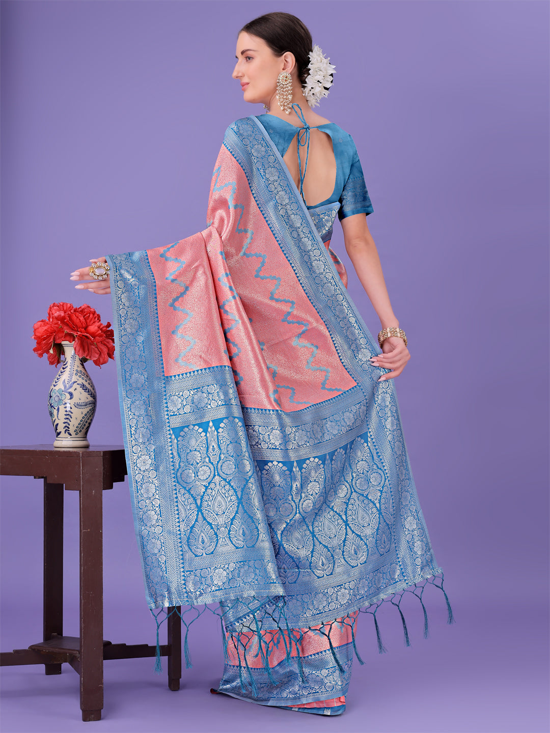 Shree Shyam Fashion Peach & Blue Lichi Silk Saree with Rich Woven Border and Zigzag Pattern - Wedding & Festive Wear