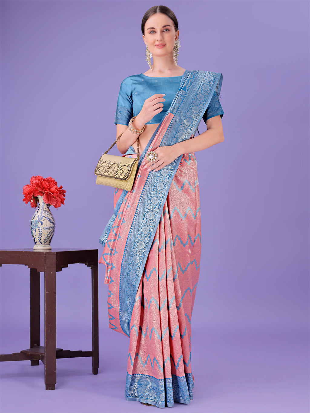 Shree Shyam Fashion Peach & Blue Lichi Silk Saree with Rich Woven Border and Zigzag Pattern - Wedding & Festive Wear