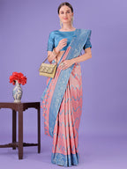 Shree Shyam Fashion Peach & Blue Lichi Silk Saree with Rich Woven Border and Zigzag Pattern - Wedding & Festive Wear