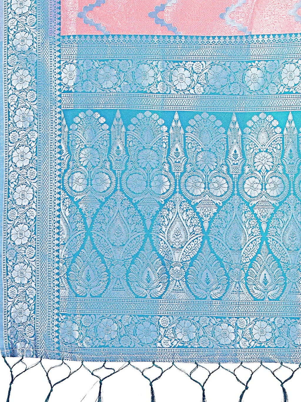 Shree Shyam Fashion Peach & Blue Lichi Silk Saree with Rich Woven Border and Zigzag Pattern - Wedding & Festive Wear