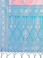 Shree Shyam Fashion Peach & Blue Lichi Silk Saree with Rich Woven Border and Zigzag Pattern - Wedding & Festive Wear