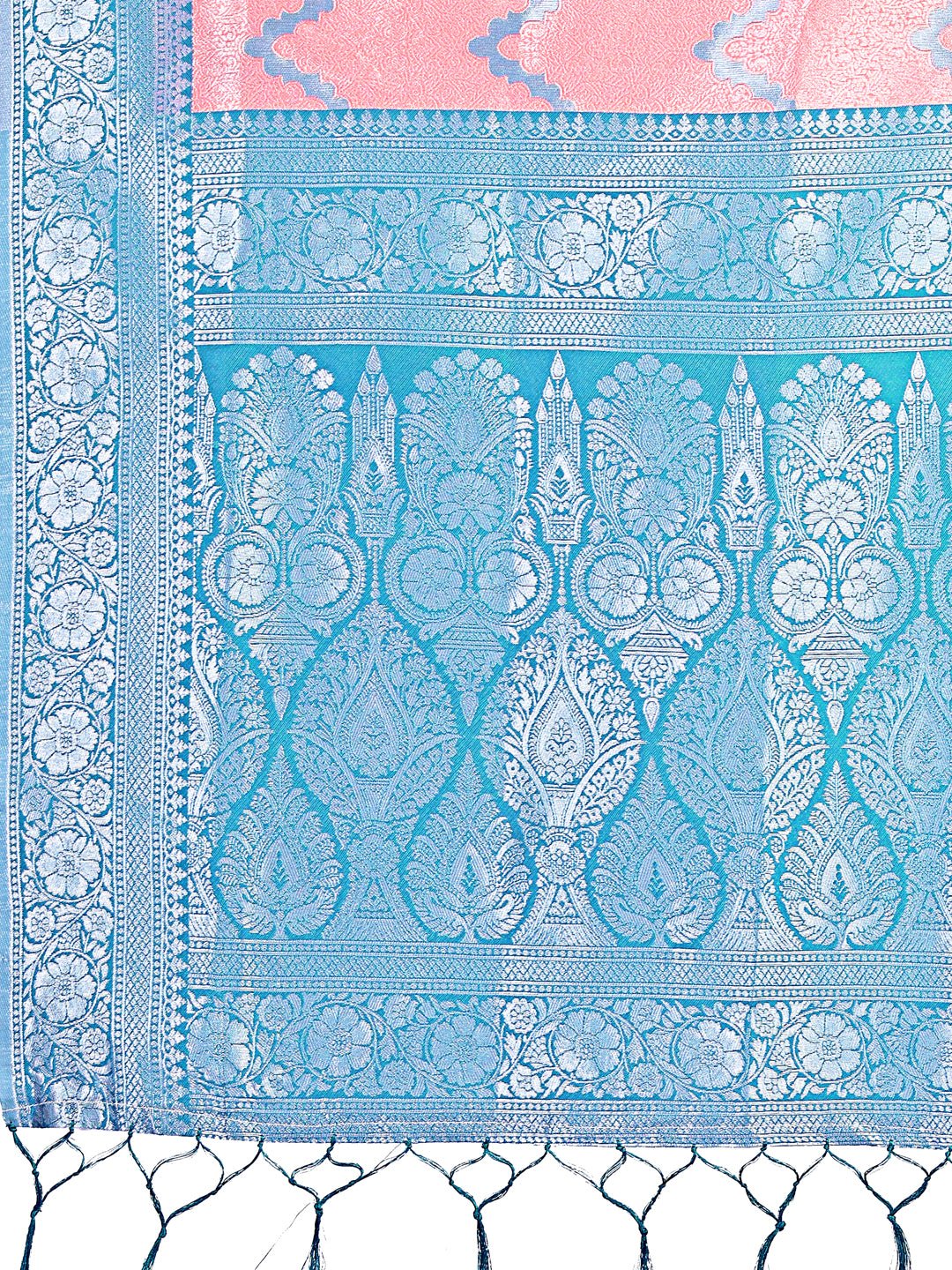 Shree Shyam Fashion Peach & Blue Lichi Silk Saree with Rich Woven Border and Zigzag Pattern - Wedding & Festive Wear