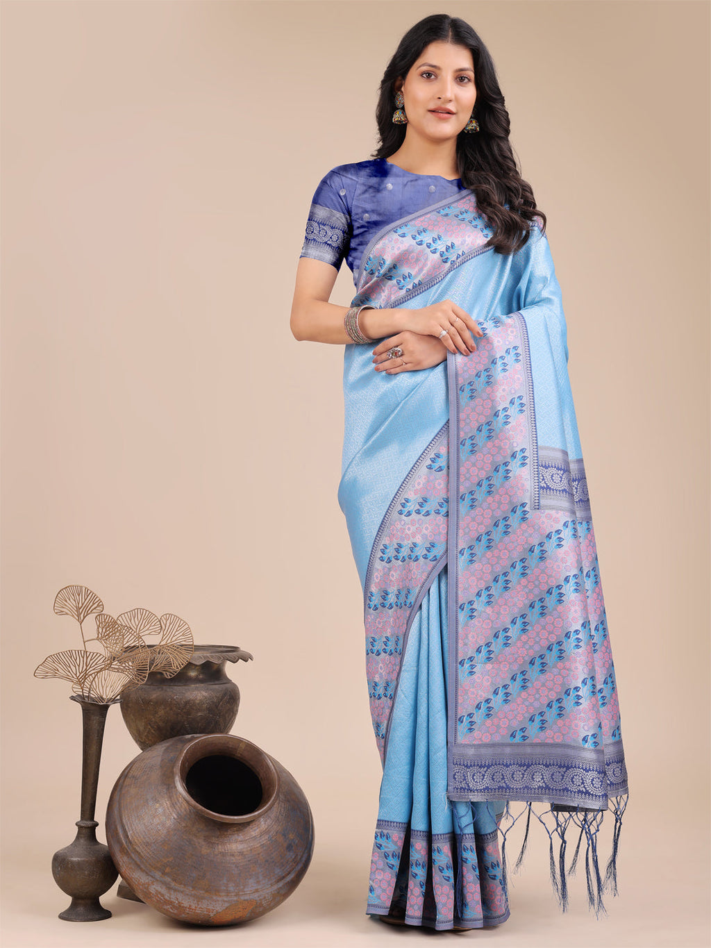 Shree Shyam Fashion Radiant Sky Blue Silk Saree with Pink & Blue Floral Pattern - Perfect for Weddings & Festive Glamour