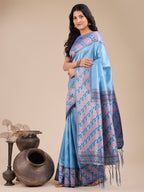 Shree Shyam Fashion Radiant Sky Blue Silk Saree with Pink & Blue Floral Pattern - Perfect for Weddings & Festive Glamour