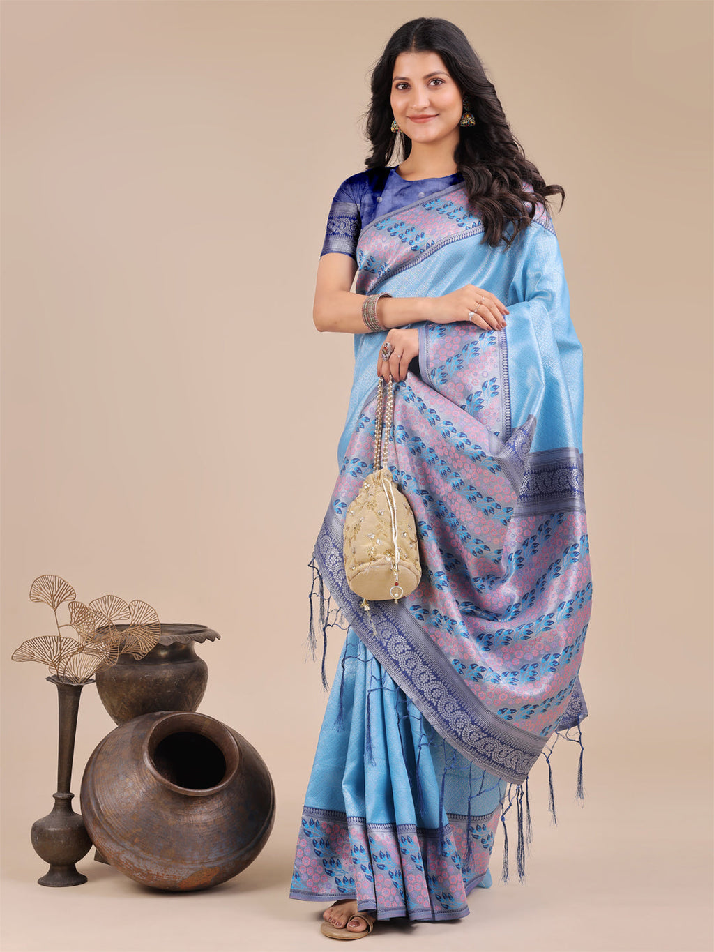 Shree Shyam Fashion Radiant Sky Blue Silk Saree with Pink & Blue Floral Pattern - Perfect for Weddings & Festive Glamour