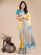 Shree Shyam Fashion Radiant Yellow Silk Saree with Pink & Blue Floral Pattern - Perfect for Weddings & Festive Glamour