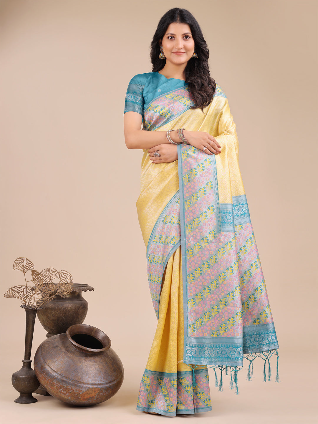 Shree Shyam Fashion Radiant Yellow Silk Saree with Pink & Blue Floral Pattern - Perfect for Weddings & Festive Glamour