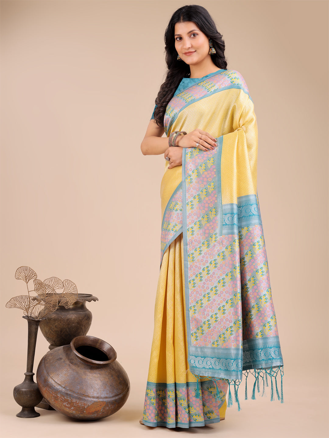Shree Shyam Fashion Radiant Yellow Silk Saree with Pink & Blue Floral Pattern - Perfect for Weddings & Festive Glamour
