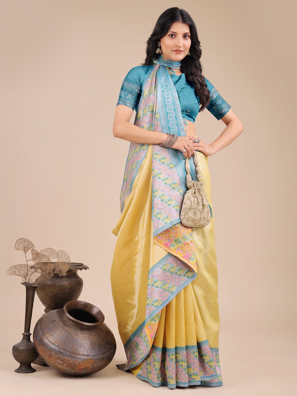 Shree Shyam Fashion Radiant Yellow Silk Saree with Pink & Blue Floral Pattern - Perfect for Weddings & Festive Glamour