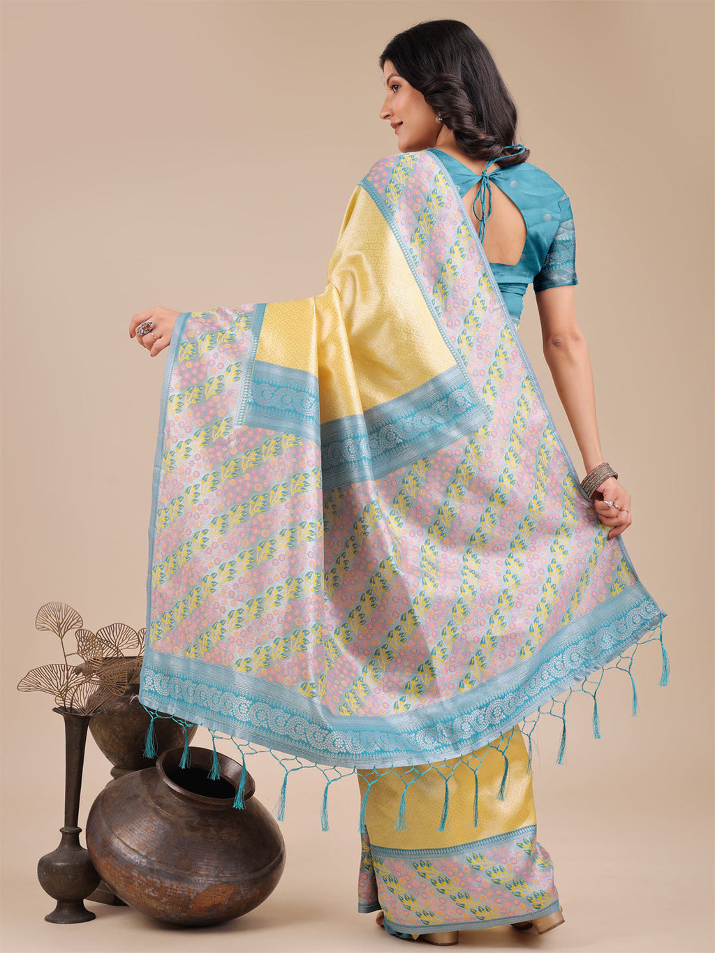 Shree Shyam Fashion Radiant Yellow Silk Saree with Pink & Blue Floral Pattern - Perfect for Weddings & Festive Glamour