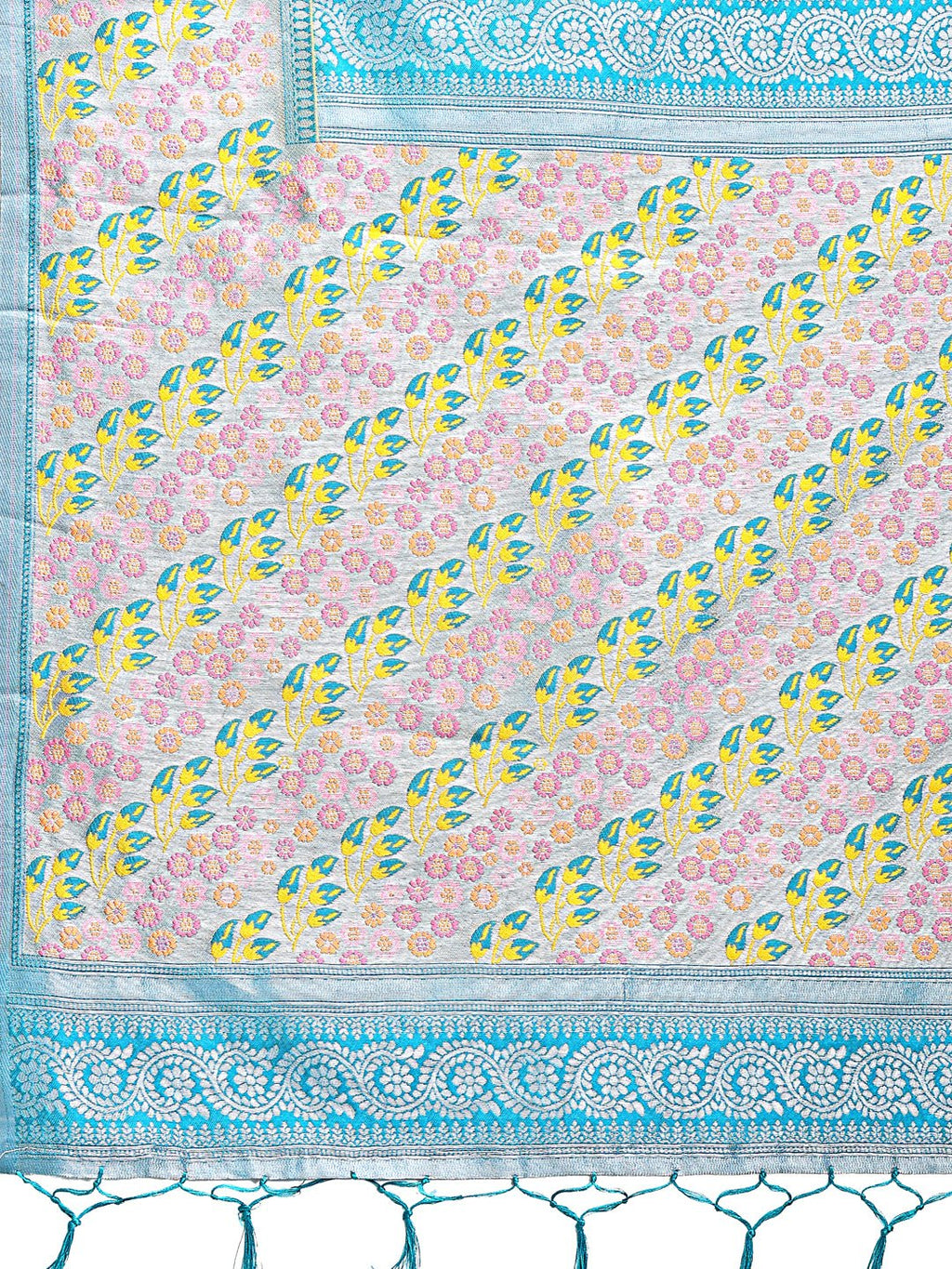Shree Shyam Fashion Radiant Yellow Silk Saree with Pink & Blue Floral Pattern - Perfect for Weddings & Festive Glamour