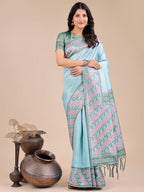 Shree Shyam Fashion Radiant Teal Silk Saree with Pink & Blue Floral Pattern - Perfect for Weddings & Festive Glamour