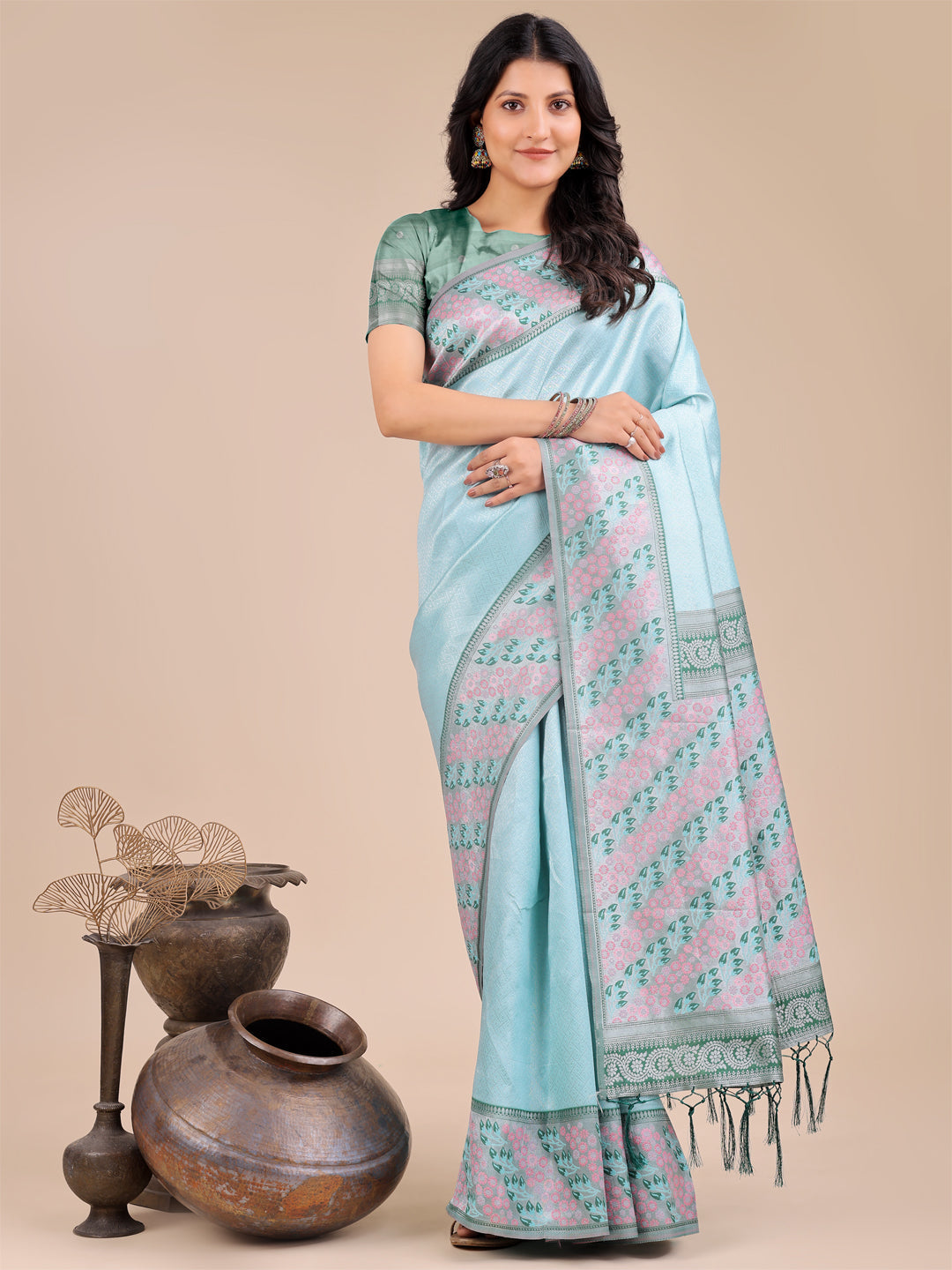 Shree Shyam Fashion Radiant Teal Silk Saree with Pink & Blue Floral Pattern - Perfect for Weddings & Festive Glamour