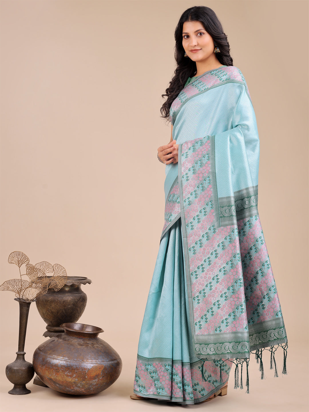 Shree Shyam Fashion Radiant Teal Silk Saree with Pink & Blue Floral Pattern - Perfect for Weddings & Festive Glamour