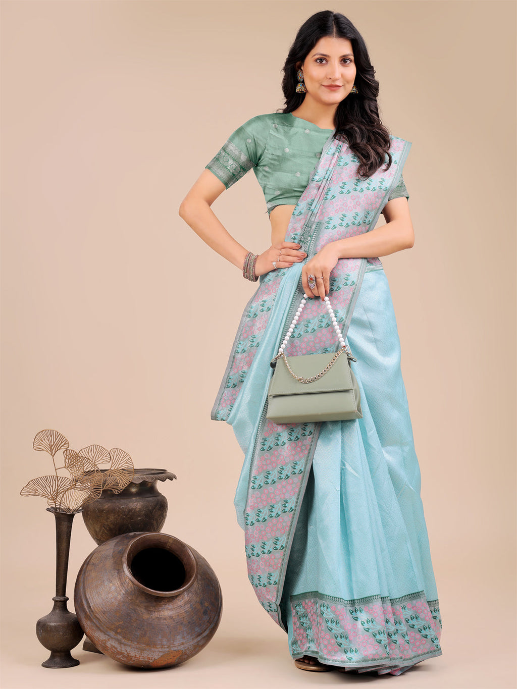 Shree Shyam Fashion Radiant Teal Silk Saree with Pink & Blue Floral Pattern - Perfect for Weddings & Festive Glamour