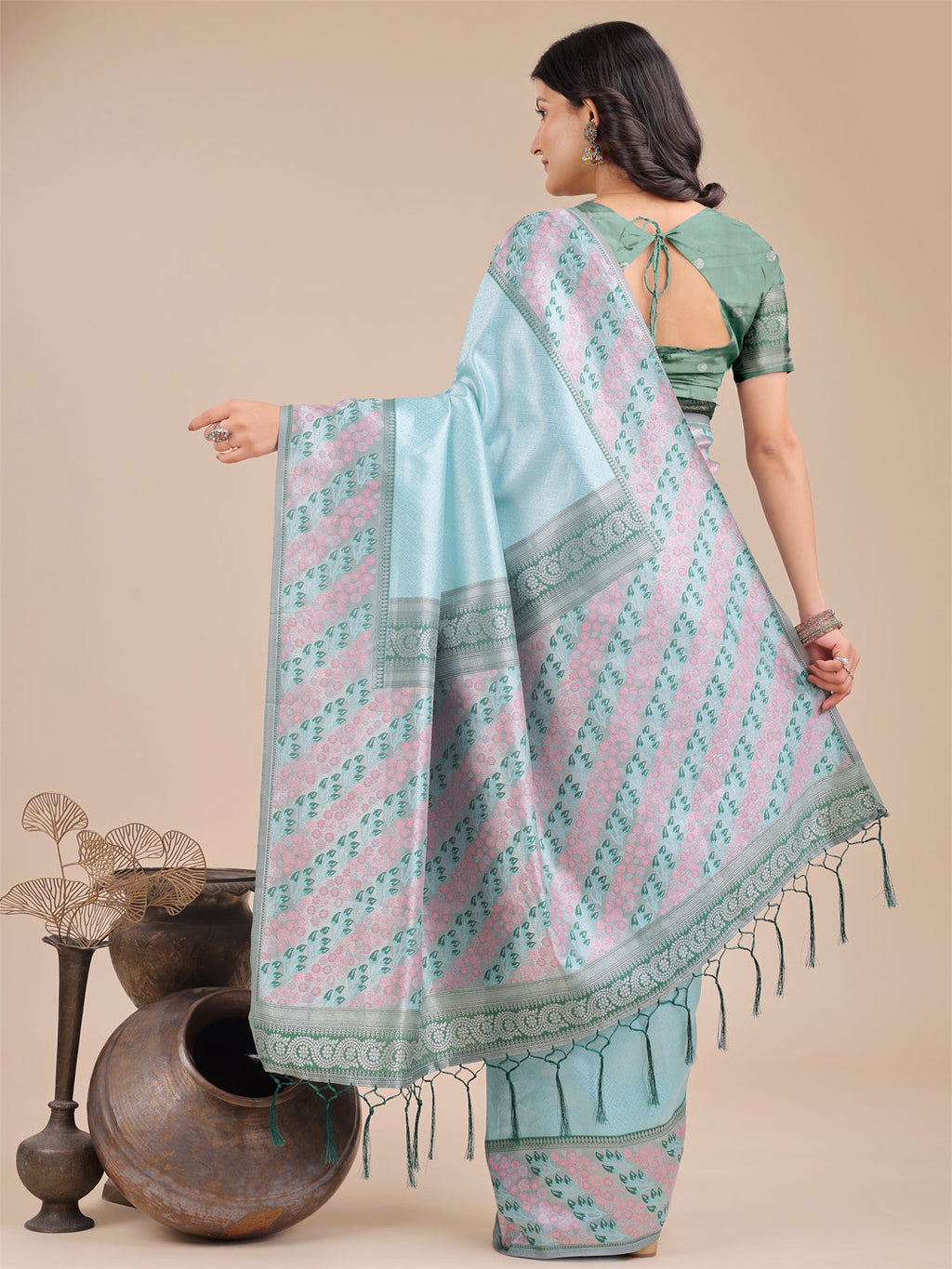 Shree Shyam Fashion Radiant Teal Silk Saree with Pink & Blue Floral Pattern - Perfect for Weddings & Festive Glamour