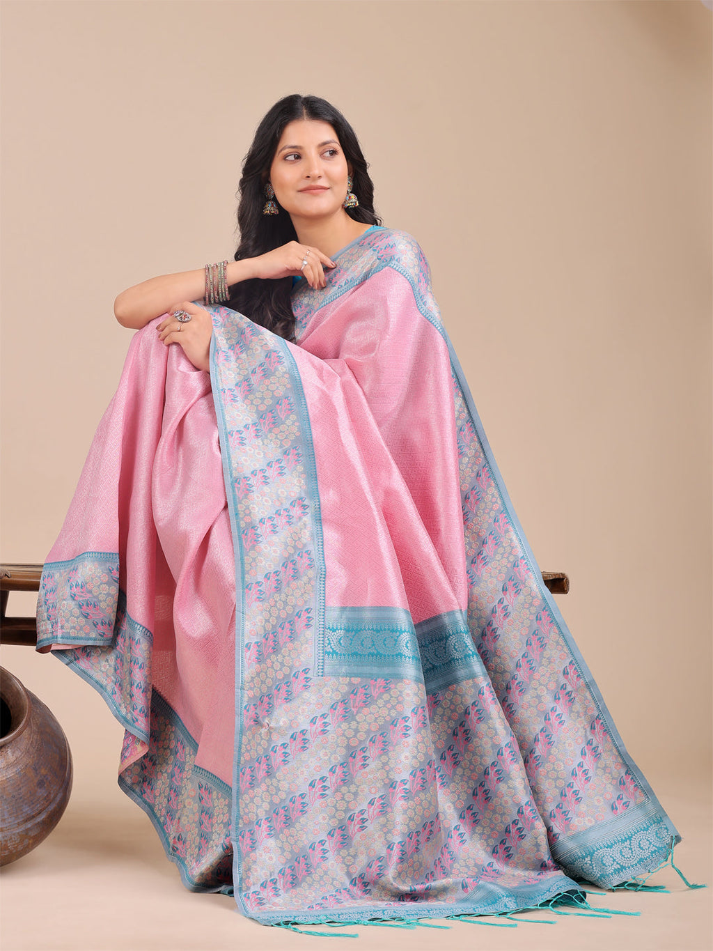 Shree Shyam Fashion Radiant Light Pink Silk Saree with Pink & Blue Floral Pattern - Perfect for Weddings & Festive Glamour